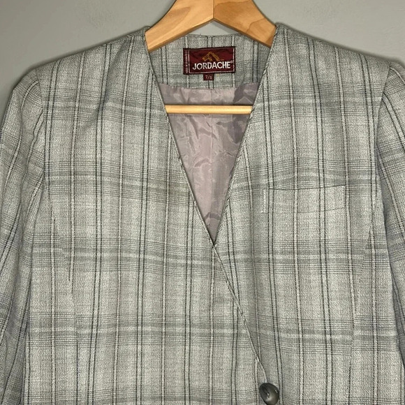 *Vintage* Jordache Plaid Blazer, Sz 7/8, Gray, Cropped Lined Jacket - Picture 2 of 8